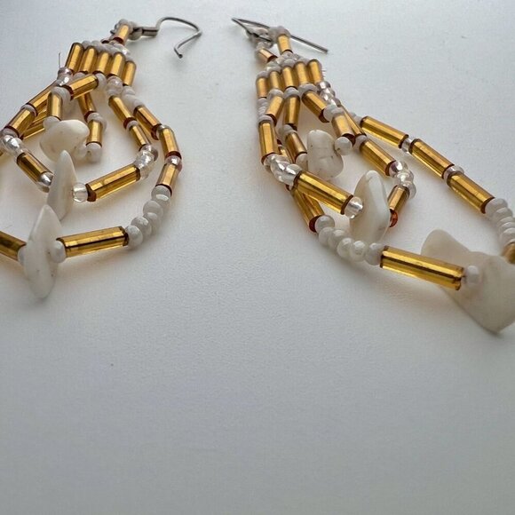 Handmade Gold & White Beaded Dangle Earrings Pierced Ears - Picture 6 of 7